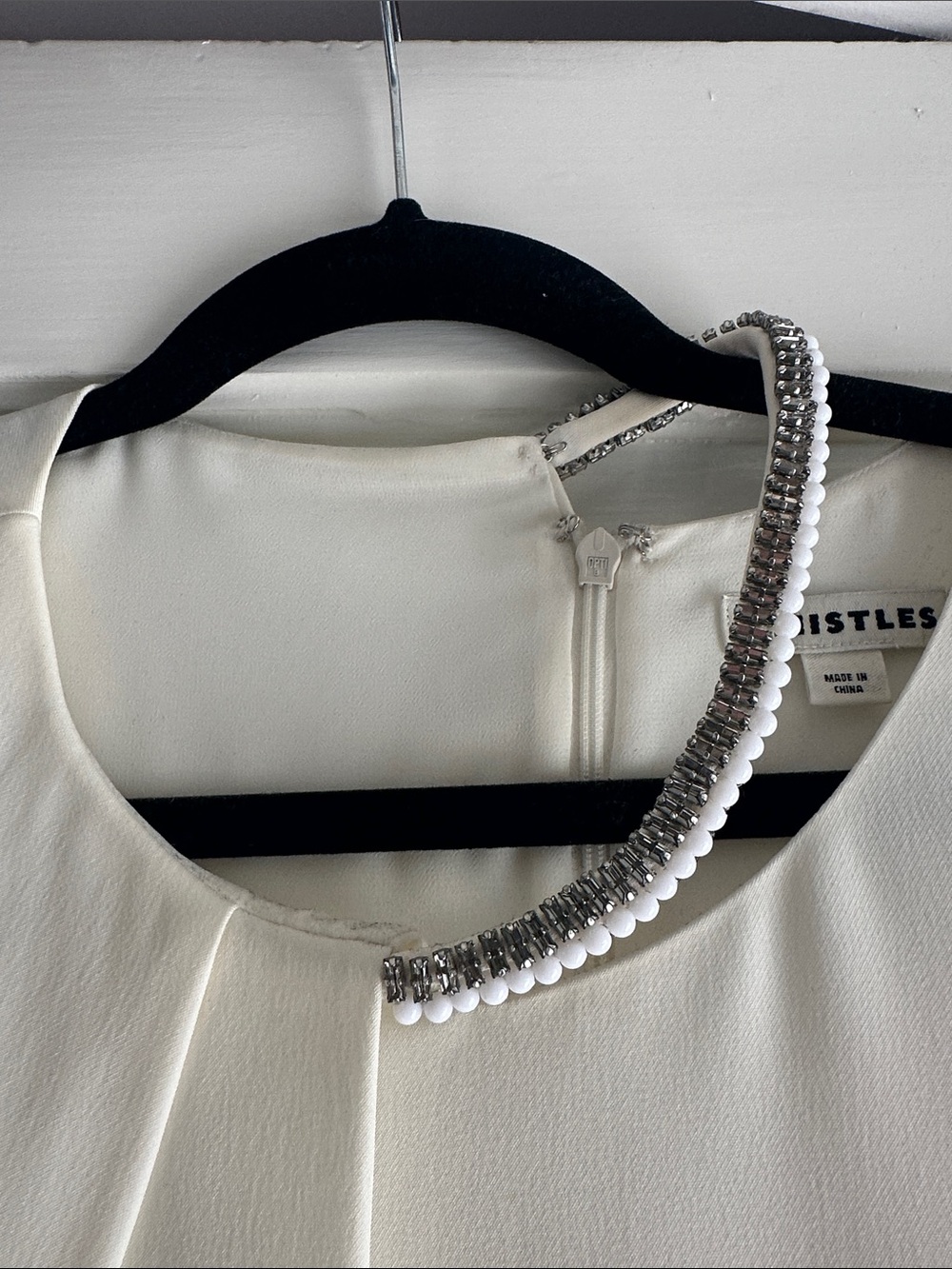 Whistles Cream Short Sleeve Pleat-Front Blouse with beaded necklace neckline